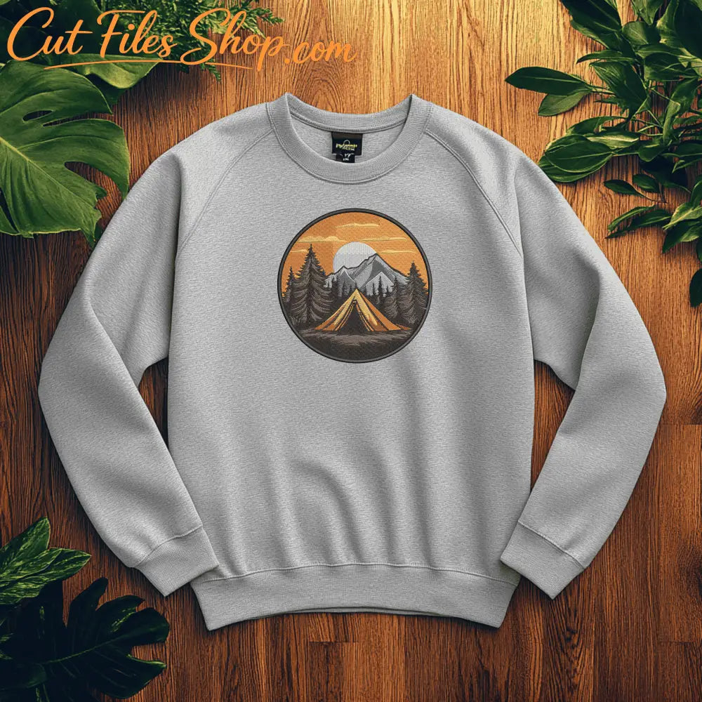 Peaceful camping landscape design for embroidery