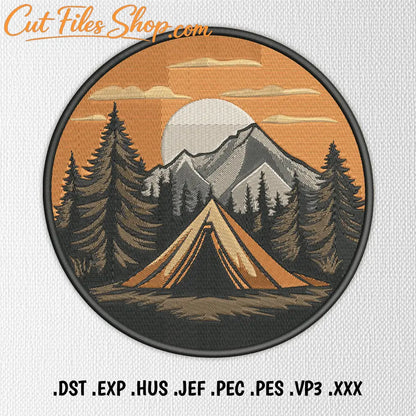 Forest camping embroidery design with trees and tent