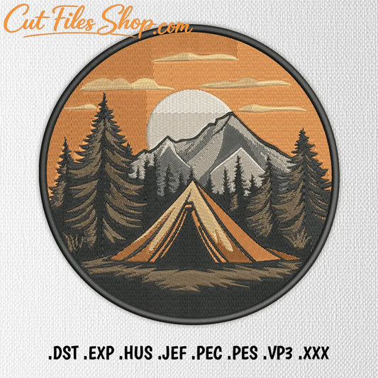 Forest camping embroidery design with trees and tent