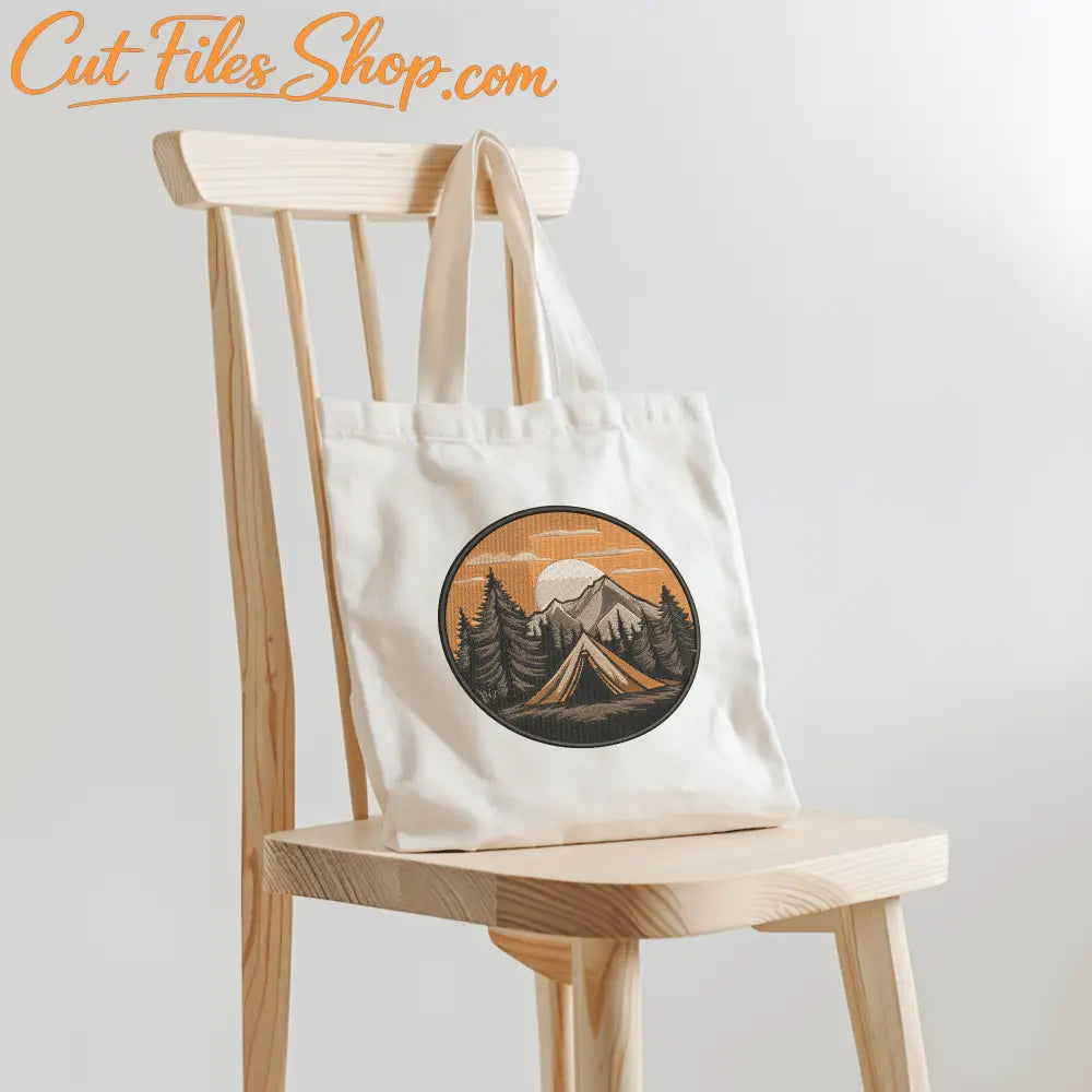 Camping design with trees and stars for embroidery machine