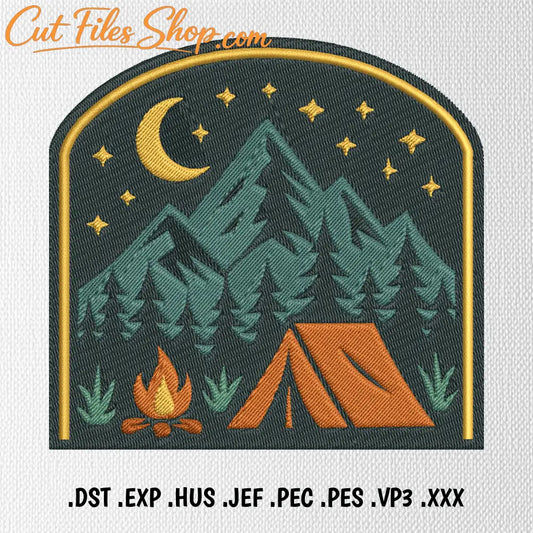 Camping scene embroidery with tent and trees