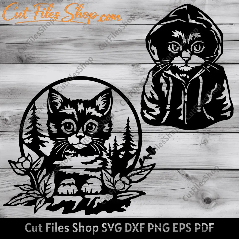 Cat in sweatshirt Svg, Cats cut files for Cricut, Cats dxf for Laser, Cat in the grass svg, Sublimation cats clipart, Silhouette cut files - Cut Files Shop