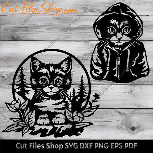 Cat in sweatshirt Svg, Cats cut files for Cricut, Cats dxf for Laser, Cat in the grass svg, Sublimation cats clipart, Silhouette cut files - Cut Files Shop