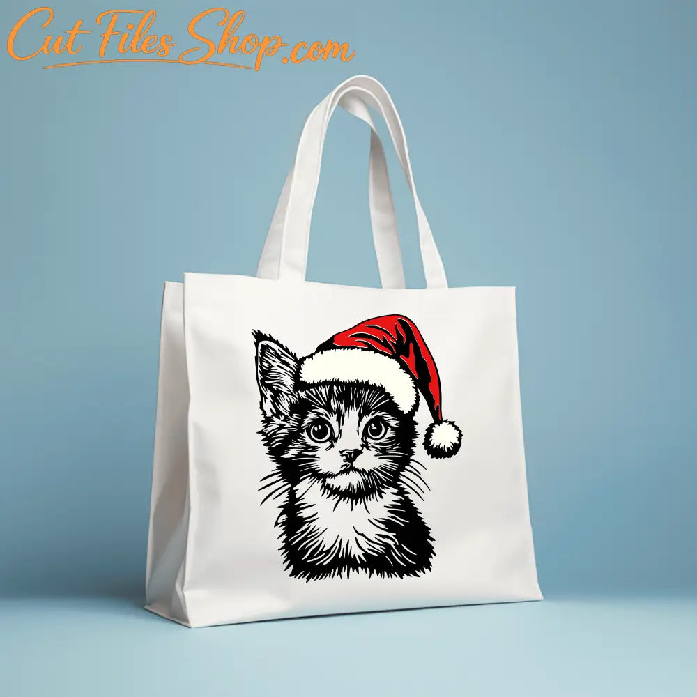Christmas Cat SVG, Santa Hat Sublimation Design, Cutting Files for Cricut & Silhouette, DIY T-Shirt Design, Christmas Bag DIY