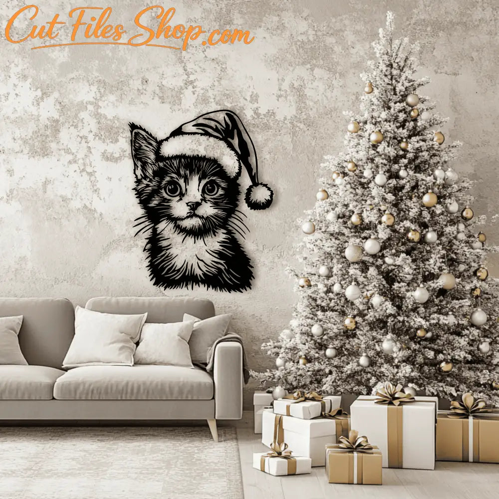 Creative Christmas Cat SVG, Santa Hat Sublimation, Cutting Files for Cricut & Silhouette, Christmas Plywood Decor DIY, Cut files Shop