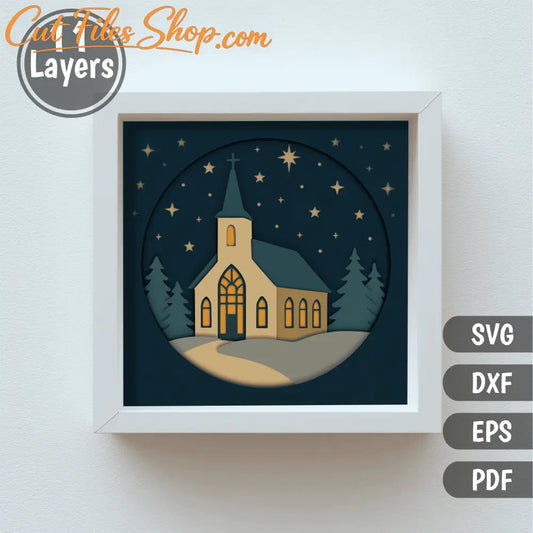 Winter night church scene with stars and pine trees cutting file