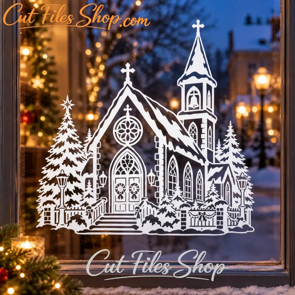 White Christmas church vinyl decal displayed on a winter window