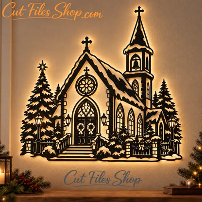 Christmas Church SVG and DXF snowy winter village design for laser cutting and Cricut