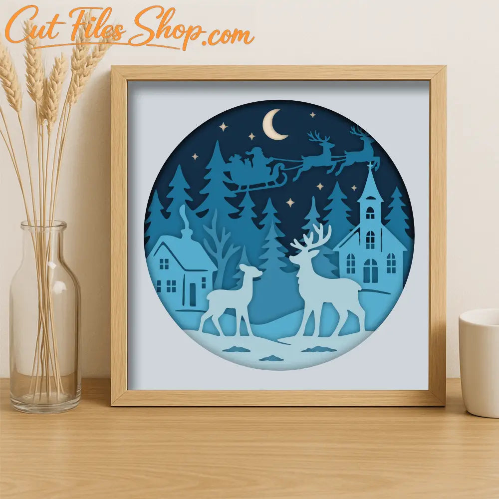 Winter night scene with reindeer and church 3D cutting file