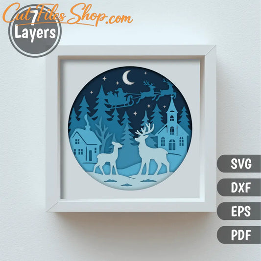 Santa sleigh flying over village layered shadow box design