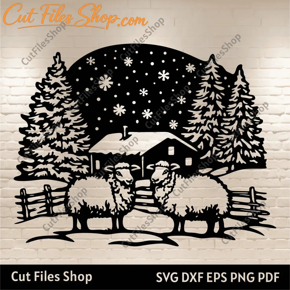 SVG Christmas Farm with Sheep, Cut Files for Cricut & Glowforge, DXF for CNC, Sublimation Design for Holiday Decor, Best Christmas Site