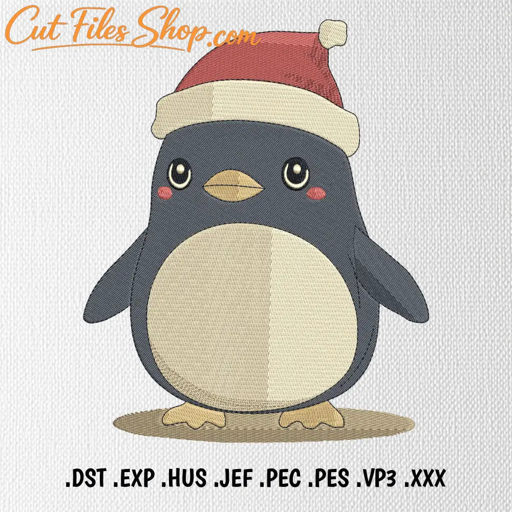 Christmas penguin machine embroidery design featuring a cute penguin wearing a red Santa hat.