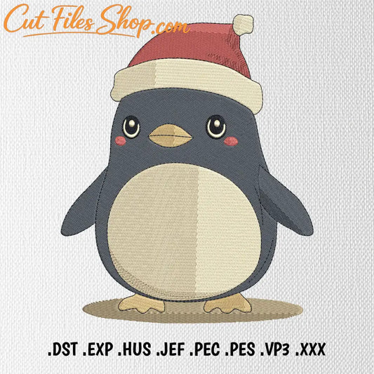 Christmas penguin machine embroidery design featuring a cute penguin wearing a red Santa hat.