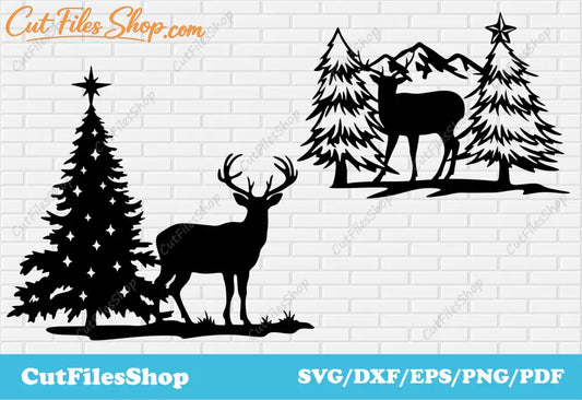 Christmas reindeer svg for cricut, Christmas scene dxf for laser, reindeer dxf file, Merry Christmas vector, winter scene silhouette - Cut Files Shop