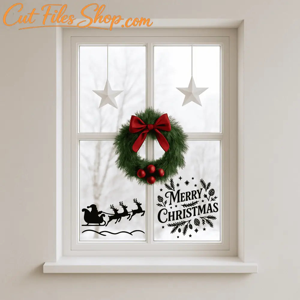 Santa sleigh and Merry Christmas vector files for laser cutting