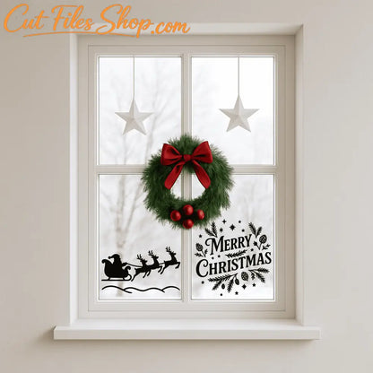 Santa sleigh and Merry Christmas vector files for laser cutting