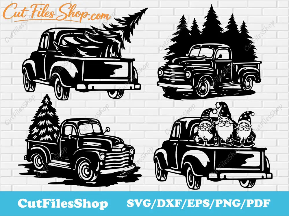 Christmas truck with tree SVG, Cutting files for Cricut, DXF files for Cnc Laser Cut, Christmas gnome svg, Christmas gnome decor, vintage Christmas svg, funny christmas svg, free dxf files for Christmas, Cut Files Shop, free cutting files, Christmas dxf, Clip art for t-shirt