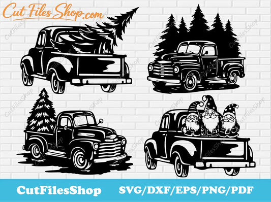 Christmas truck with tree SVG, Cutting files for Cricut, DXF files for Cnc Laser Cut, Christmas gnome svg, Christmas gnome decor, vintage Christmas svg, funny christmas svg, free dxf files for Christmas, Cut Files Shop, free cutting files, Christmas dxf, Clip art for t-shirt