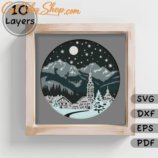 3D Layered Christmas Village Shadow Box Template - Multilayer SVG for Cricut, Silhouette, Layered Paper Art, Instant Download