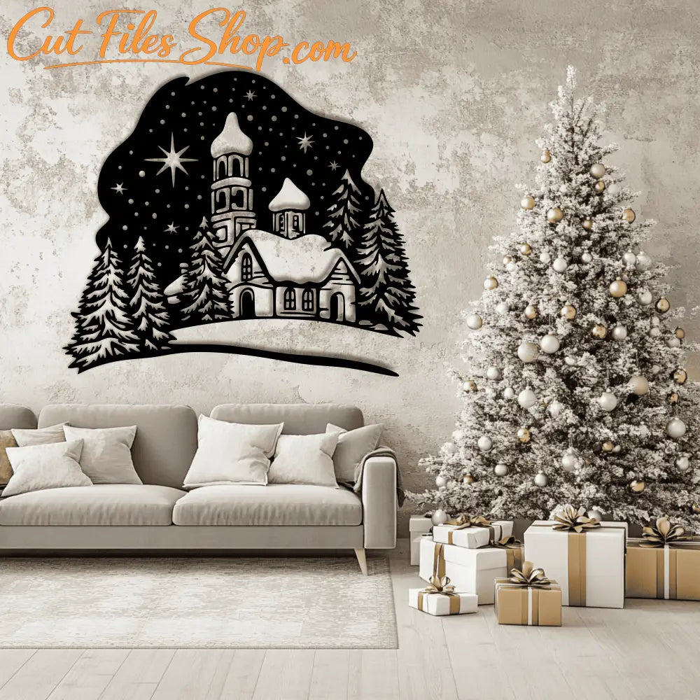 SVG Christmas Church, Cutting Files for Cricut & Glowforge, DXF for CNC, Winter Scene Clipart, DIY Holiday Decor, Winter Scene Dxf for Laser