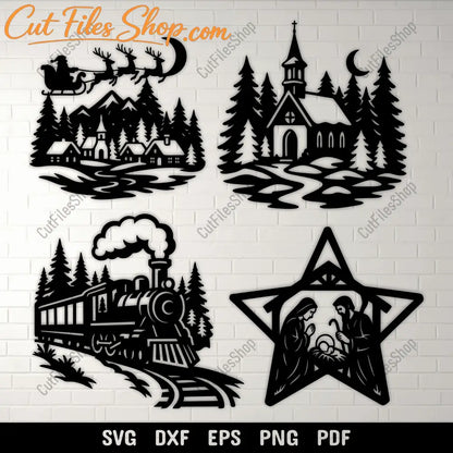 Christmas village SVG DXF PNG for CNC laser cutting