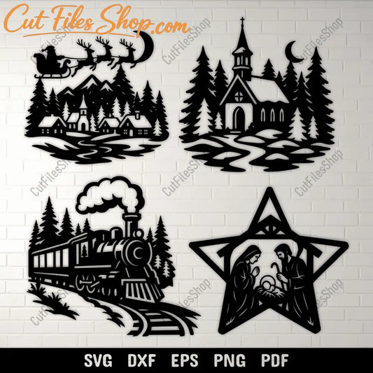Christmas village SVG DXF PNG for CNC laser cutting