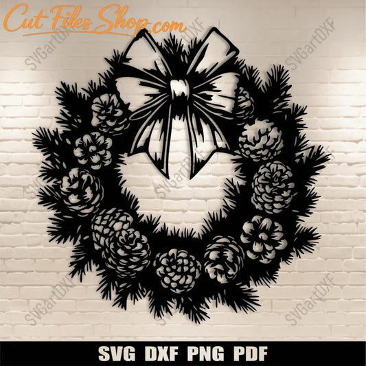 Christmas wreath SVG with pine cones and festive bow for laser cutting
