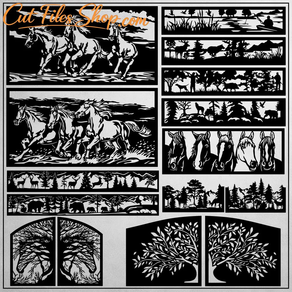 Black and white forest landscape SVG panels for laser and plasma cutting