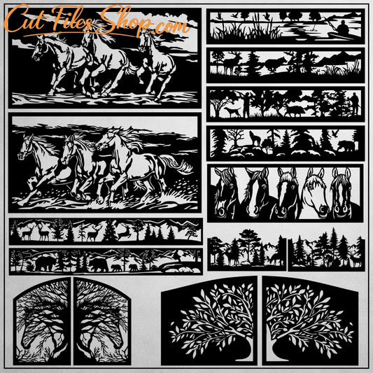 Black and white forest landscape SVG panels for laser and plasma cutting