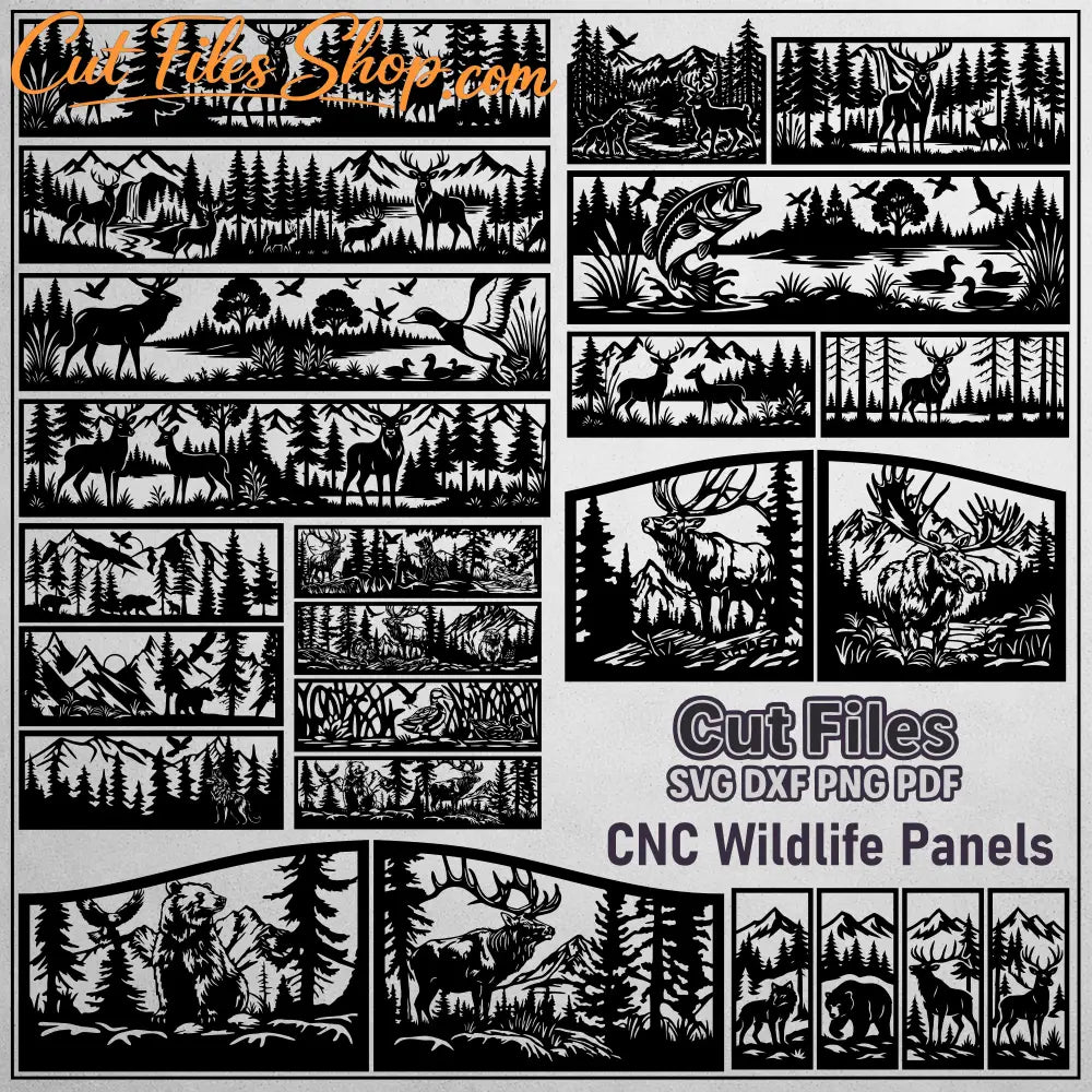 CNC wildlife panels bundle with deer, bear, moose and forest mountain scenes