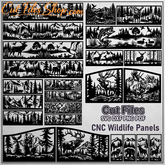 CNC wildlife panels bundle with deer, bear, moose and forest mountain scenes