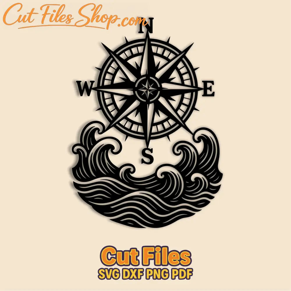 Ocean wave scene with compass in SVG DXF PNG PDF EPS