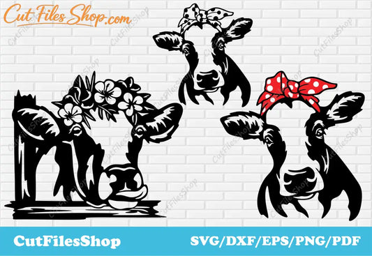 Cow head with flower wreath svg cut files for cricut, svg for shirts, dxf files download, stickers making svg, cow scene dxf, cow scene svg, peeking cow svg dxf, cricut files, cutting metal dxf, files for laser engaving, digital prints, cow png dxf svg eps, cow vector, shirt cow svg