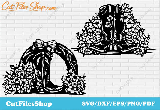Cowboy boots with flowers svg, cowboy boots dxf for laser, Cowgirl boots svg, flower shoes svg, cowboy svg, silhouette cowboy boots svg, free vector images, free png for sublimation