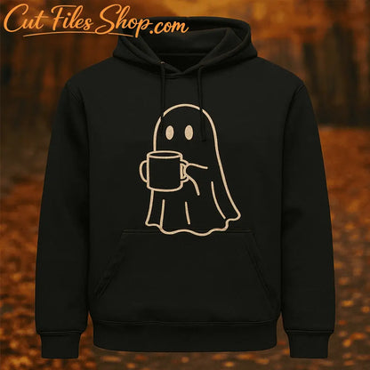 Cute Halloween ghost DXF design holding a coffee mug