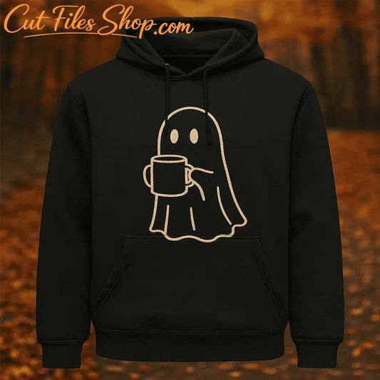 Cute Halloween ghost DXF design holding a coffee mug