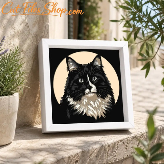 Black and white cat portrait converted into a layered shadow box for Cricut and laser cutting.