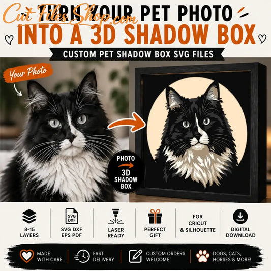 Custom pet photo transformed into a personalized 3D layered shadow box SVG.