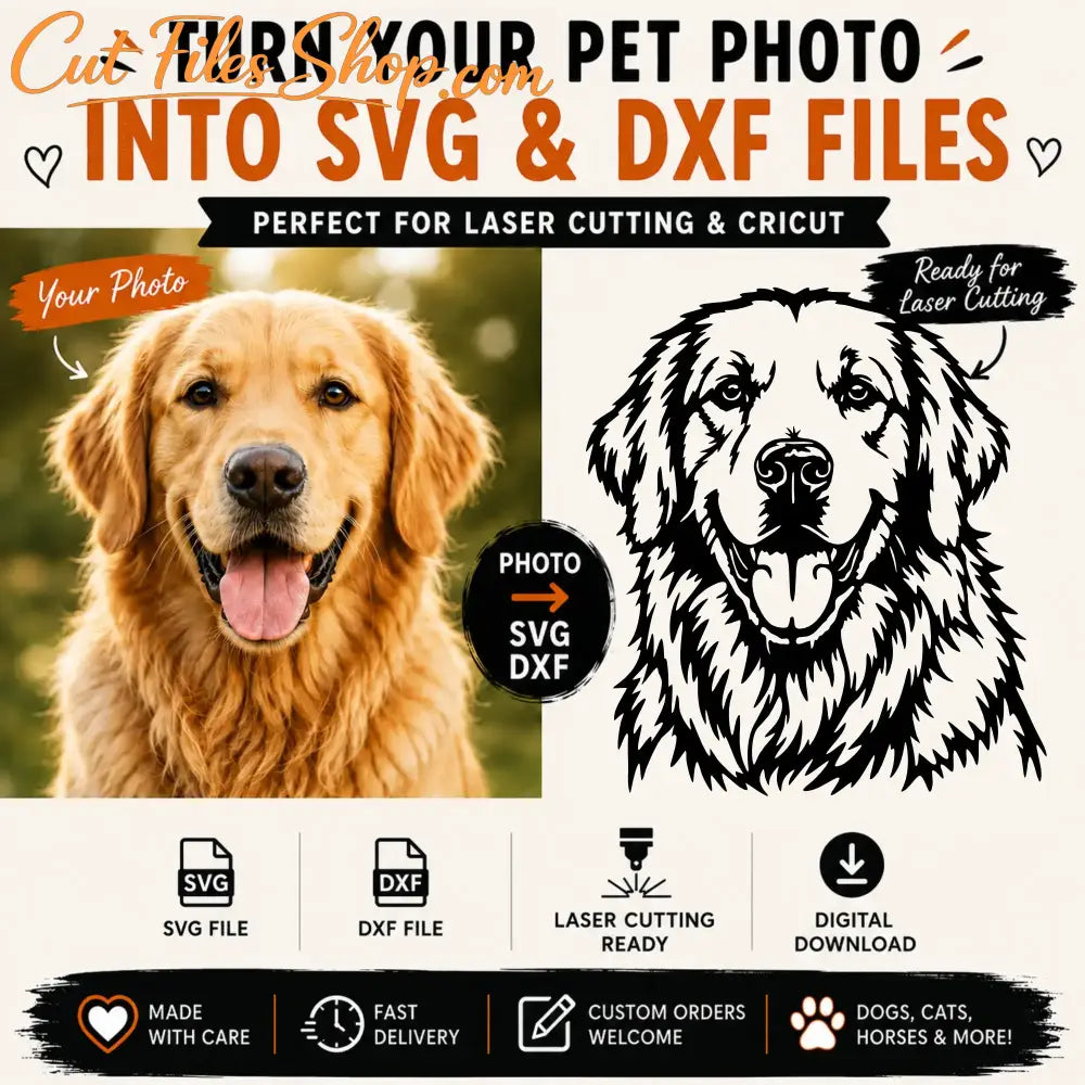 Custom pet photo to SVG conversion service showing dog photo transformed into laser cutting ready SVG and DXF vector artwork.