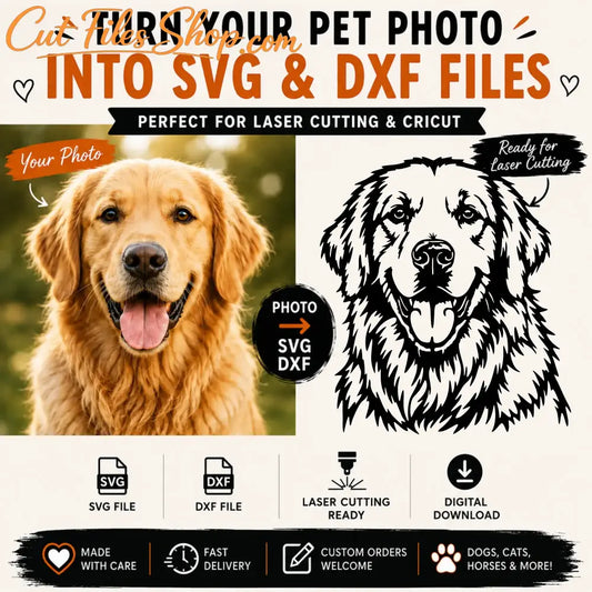 Custom pet photo to SVG conversion service showing dog photo transformed into laser cutting ready SVG and DXF vector artwork.