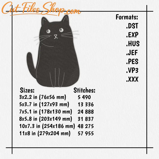 Cat illustration with embroidery format and size information on a white background