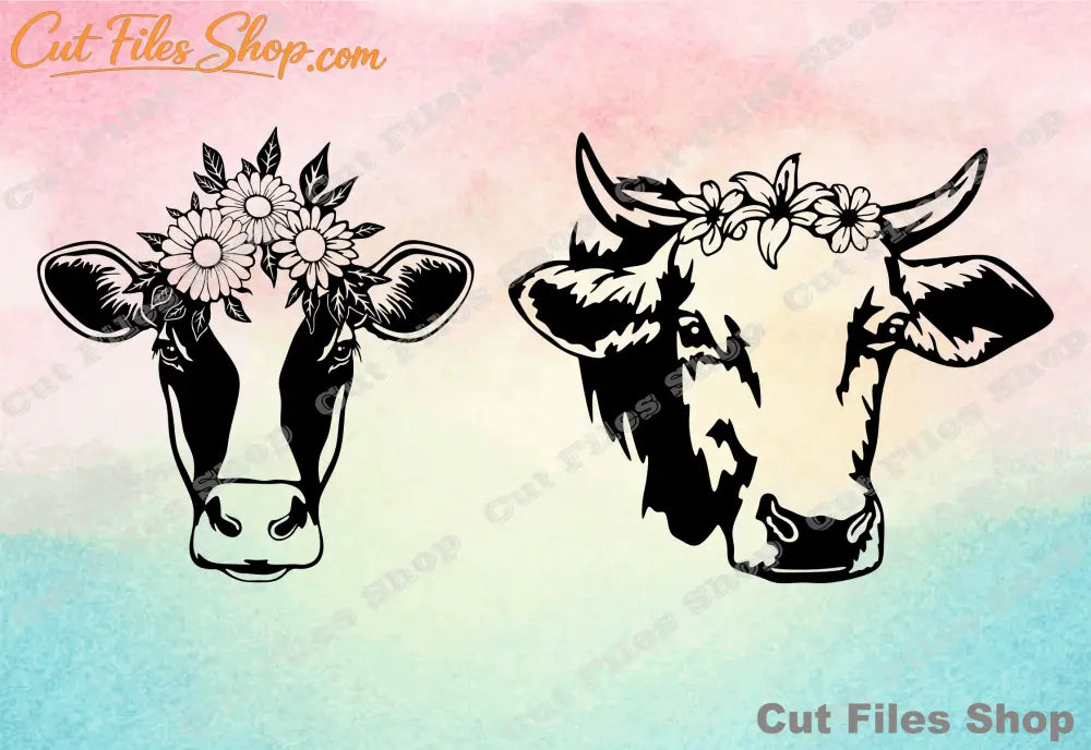 Cute cows, vector art, flowers, cow with wreath, svg for cricut