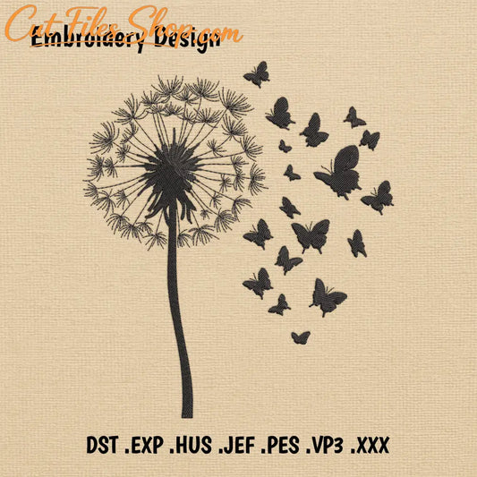 Dandelion embroidery design with butterflies flying away silhouette style