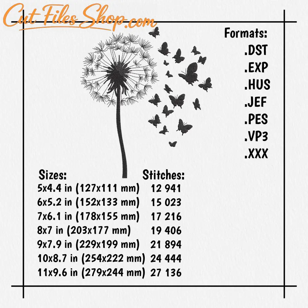 Silhouette dandelion embroidery file in DST PES JEF formats