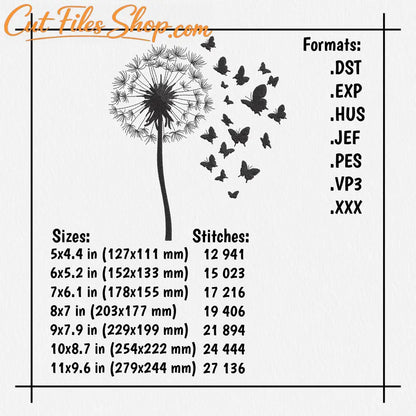 Silhouette dandelion embroidery file in DST PES JEF formats