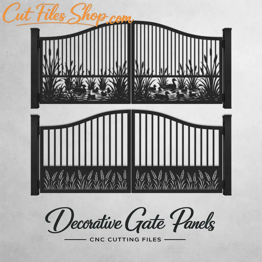 Decorative metal driveway gate with duck pond laser cut design.