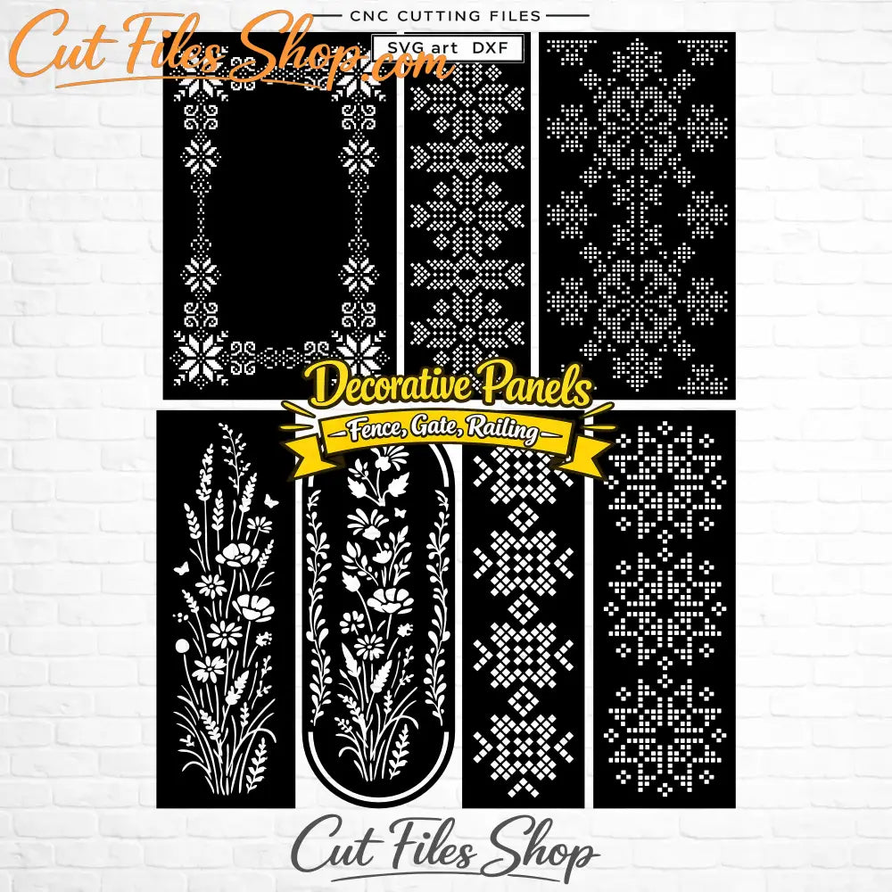 Seven decorative panel SVG and DXF designs with Ukrainian embroidery, geometric and floral ornaments.