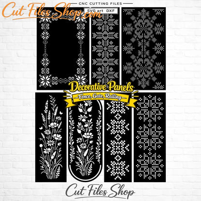 Seven decorative panel SVG and DXF designs with Ukrainian embroidery, geometric and floral ornaments.