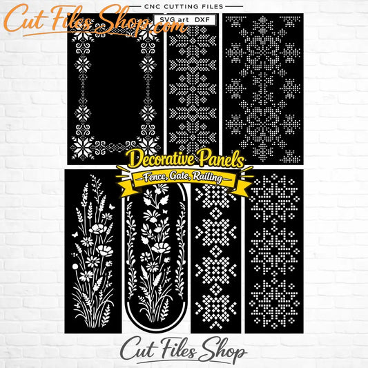 Seven decorative panel SVG and DXF designs with Ukrainian embroidery, geometric and floral ornaments.