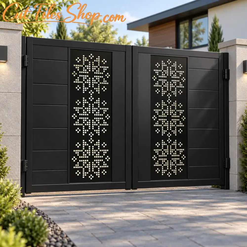 Geometric ornamental panel DXF designs inspired by traditional cross-stitch patterns.